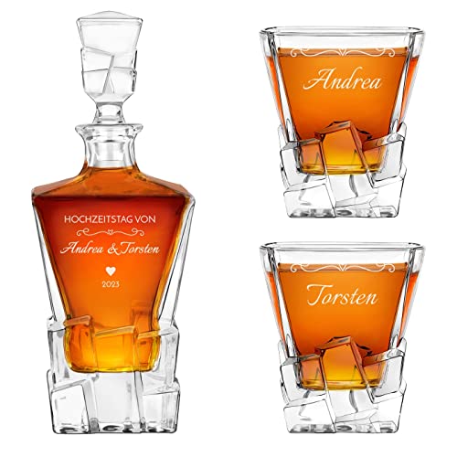 Maverton 950 ml Whiskey Karaffe + 2er Whiskygläser Set mit Gravur - Whisky Dekanter - luxuriöses Design - Kristallglas - für Paar - zur Hochzeit - zum Hochzeitstag - Herzchen