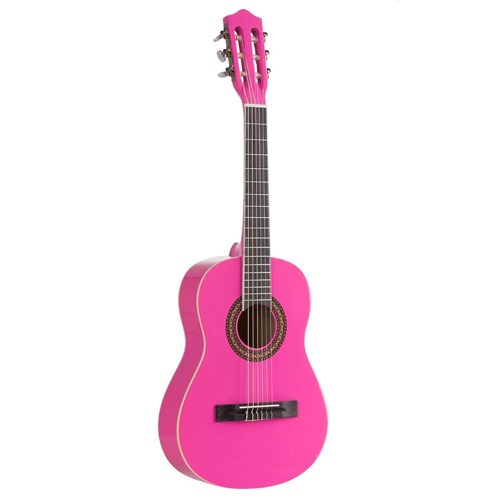 Voggenreiter Kindergitarre 1/2 Kinder Akustikgitarre Spielzeug Instrument (18 Bünde, offene Mechaniken mit Acrylknöpfen, authentischer Klang, Linde / Pappel), pink