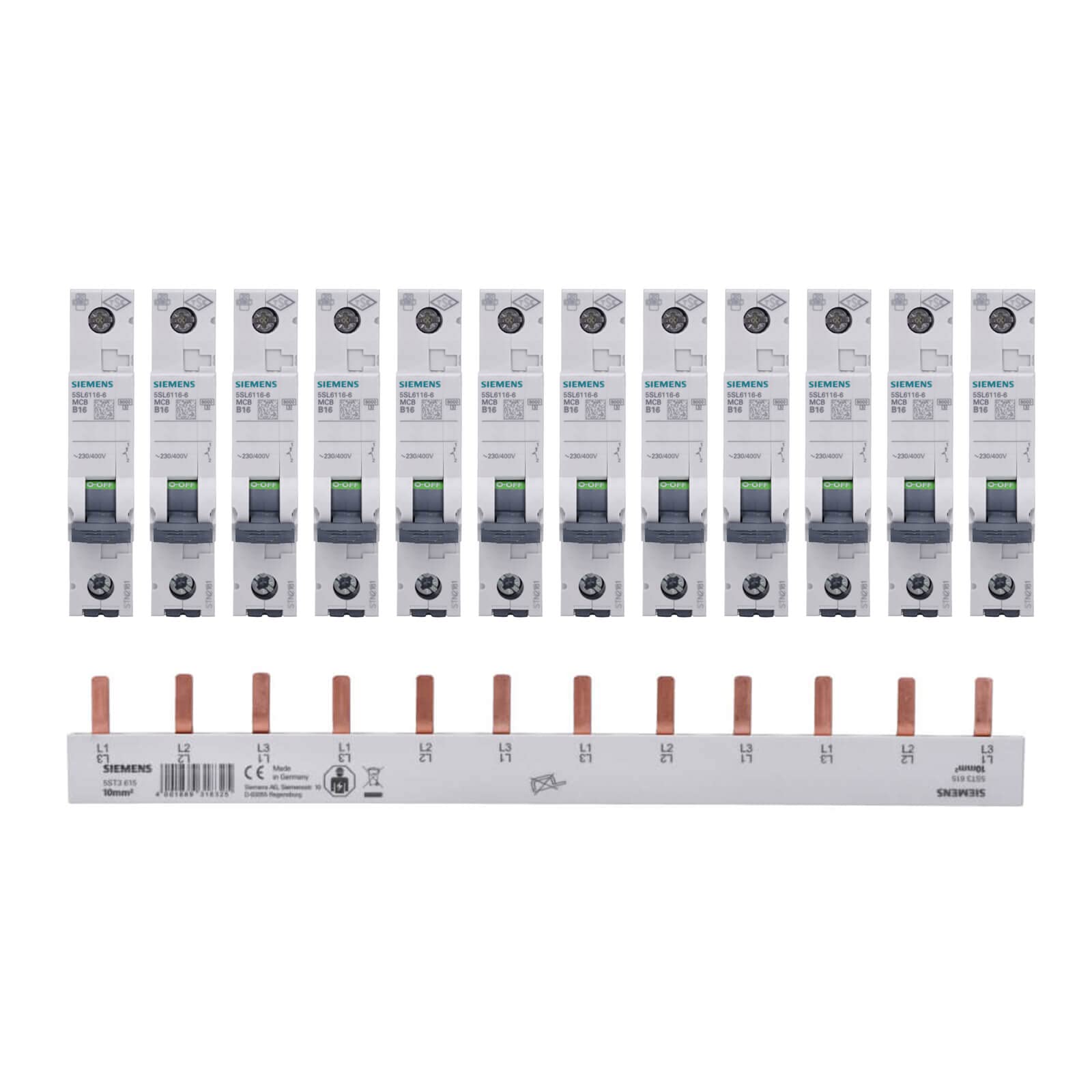 Siemens Set 12x Sicherungsautomat LS-Schalter 5SL6116-6 + 1x Sammelschiene 5ST3615