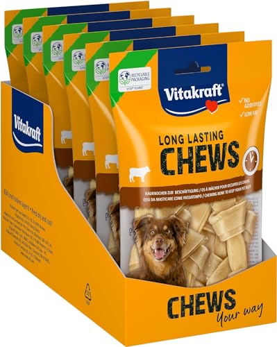 Vitakraft Chews, Hundesnack, 10cm lang, langanhaltender Kauknochen, zur intensiven Beschäftigung, aus getrockneter und gepresster Rinderhaut, für mittelgroße Hunde (6x 6 Stück)