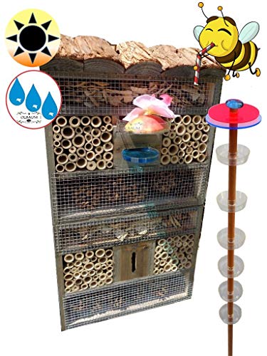 1x Lotus Bienenhotel, Premium Insektenhotel MIT BIENENTRÄNKE FDV-HO-Station-OS,XXL Bienenstock & Bienenfutterstation für Wildbienen, Insekten Überwinterung, grau