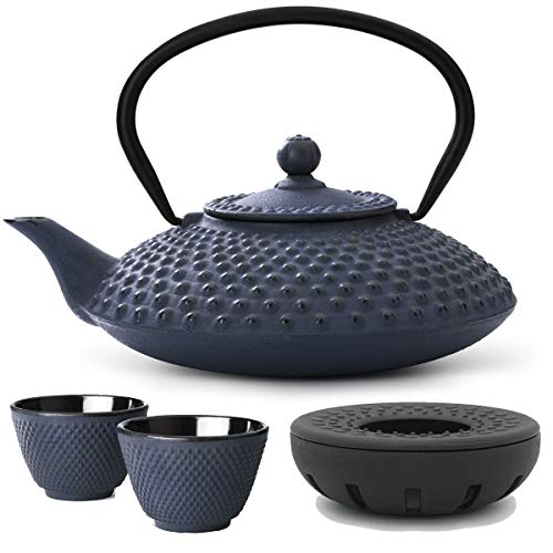 Teekanne asiatisch Gusseisen Set blau 1,25 Liter mit Tee-Filter-Sieb und Stövchen inkl. Teebecher