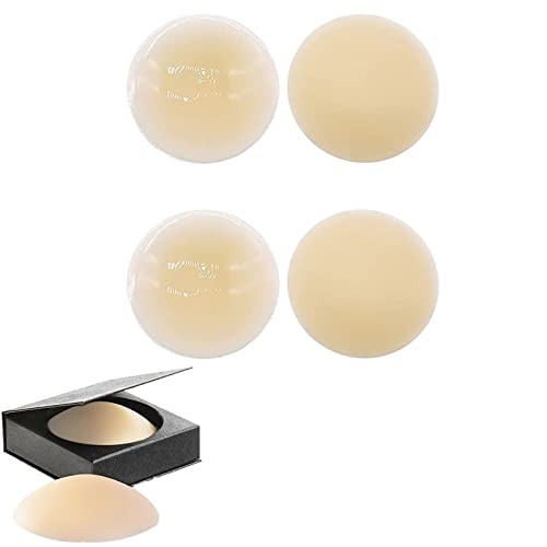 2Pairs Go Braless Seamless Cake Cover Ultra Thin Invisible Bra, Reusable Non-Adhesive Silicone Nipple Cover Pasties Breast Lift. (8CM, Skin Tone)