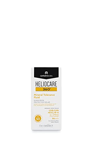 Heliocare 360 Mineral Tolerance Fluid LSF50 50ml / Mineralsonnenschutz für Gesicht / täglich UVA UVB Sichtbares Licht und Infrarot - Hypoallergener Sonnenschutz / Seidiges transparentes Finish Weiß