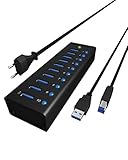 ICY BOX IB-AC6110 10-fach USB 3.0 Hub mit Netzteil (12V/4A), Ladeport, Voll-Aluminium, Klettbefestigung, Schwarz