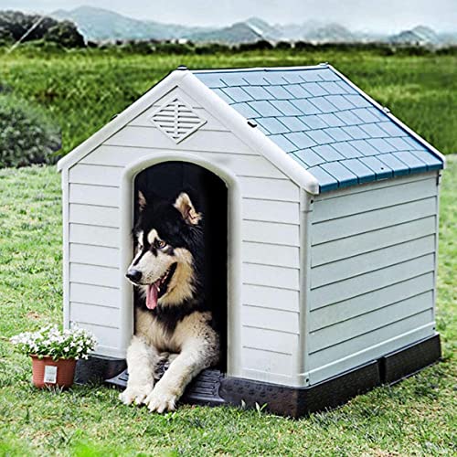 Hundehütte für Garten, Innen- und Außenbereich, Hundehöhle aus Kunststoff mit erhöhtem Boden, Blau und Weiß - 70 x 65 x 71,5 cm QZPDEJZ