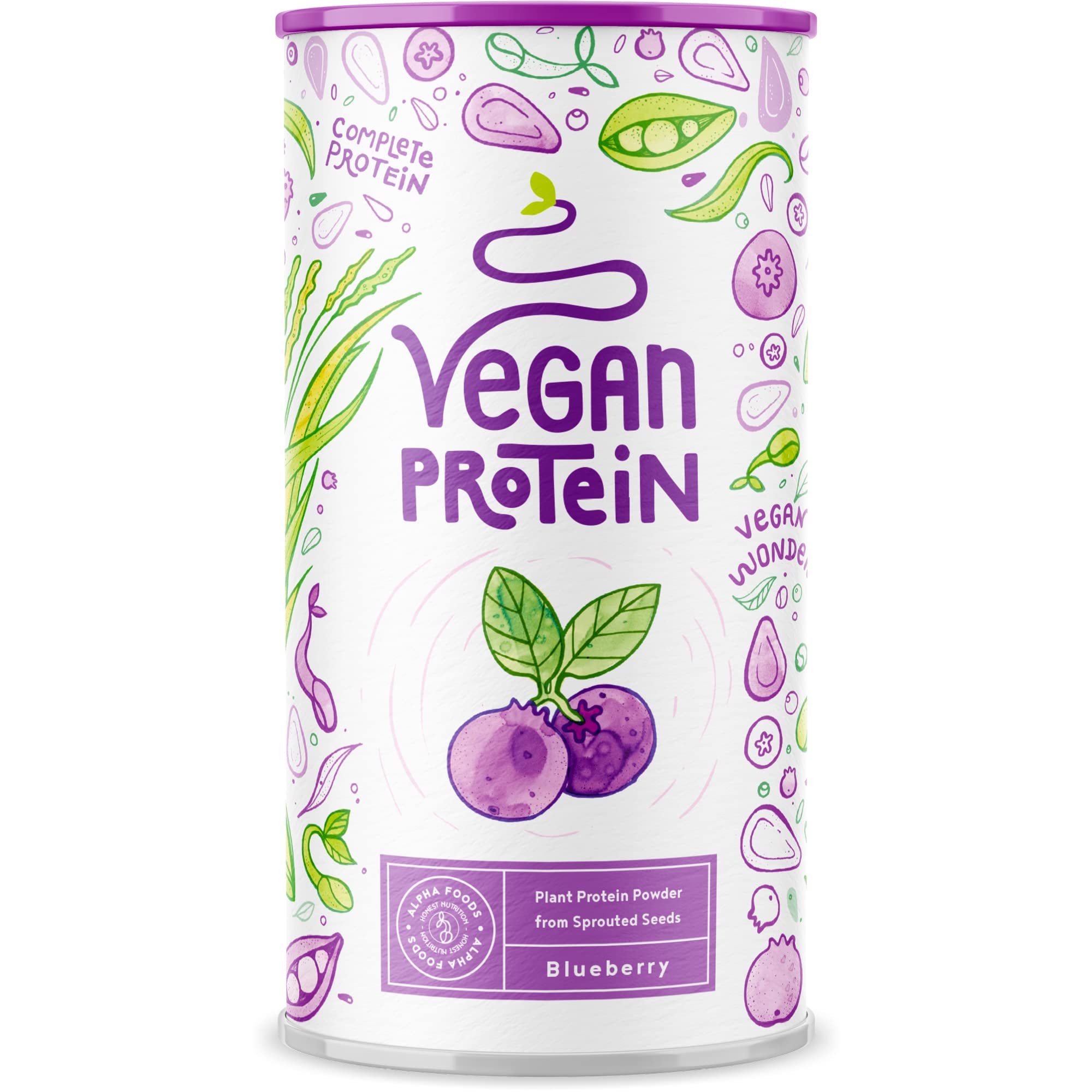 Vegan Protein - BLAUBEERE - Pflanzliches Proteinpulver aus Reis, Lupinen, Erbsen, Chia-Samen, Leinsamen, Amaranth, Sonnenblumen- und Kürbiskernen - 600 Gramm Pulver