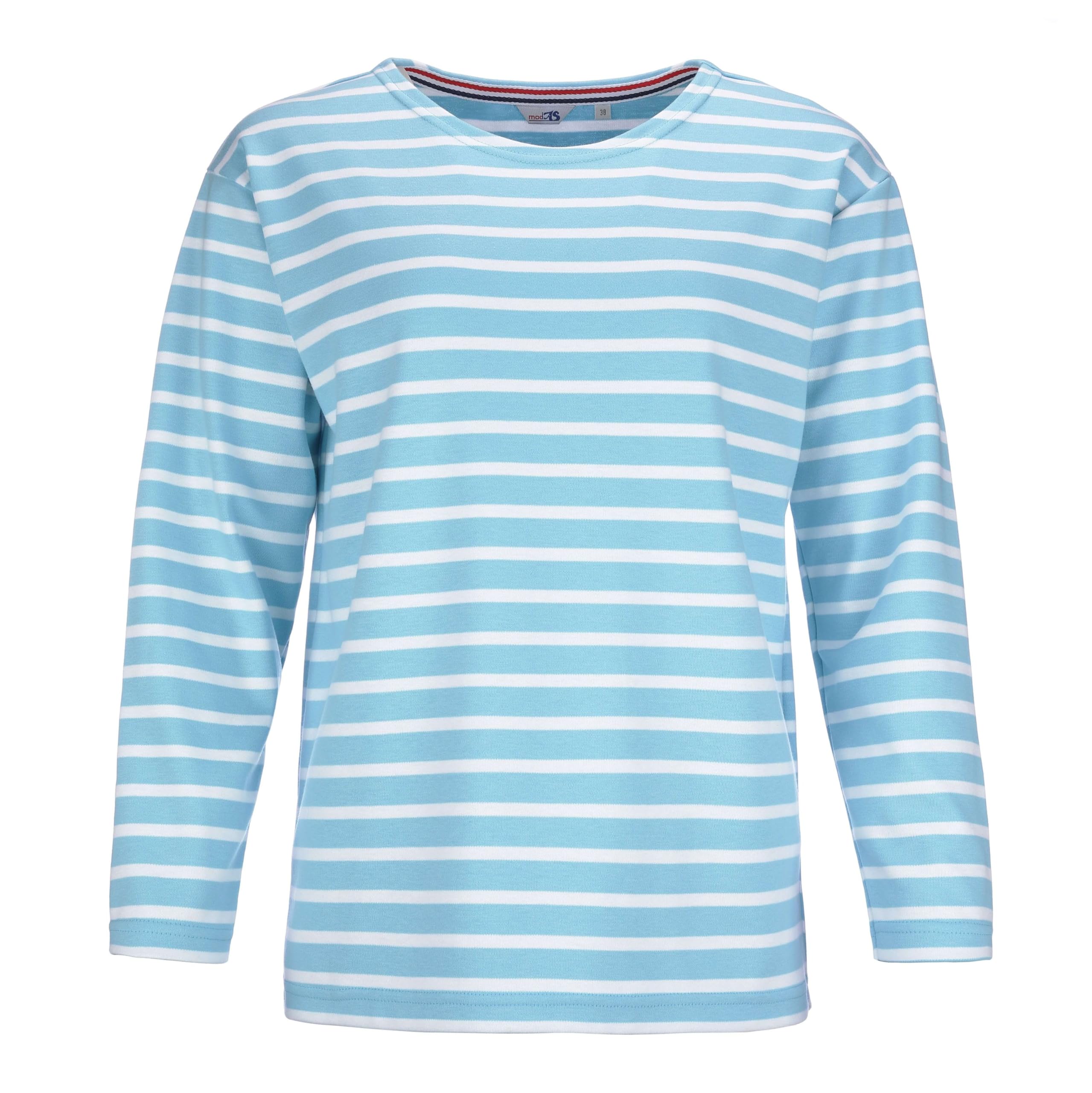 modAS Damen Langarmshirt Bretonisches Basic Shirt - Ringelshirt Streifenshirt Longsleeve Shirt mit Streifen aus Baumwolle in Aqua/Weiß Größe 50