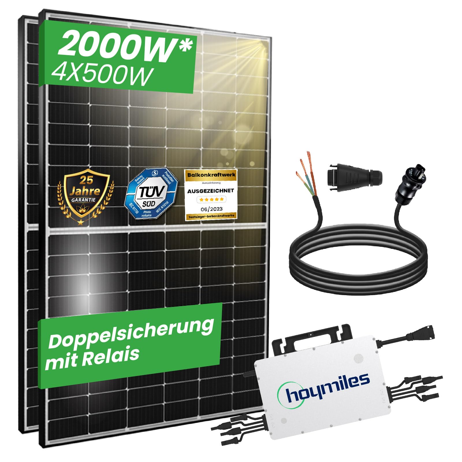 CamperGold® 2000W Photovoltaik Balkonkraftwerk mit EPP 500W Solarmodule, Hoymiles HMS-1600-4T Wechselrichter und 10m Wielandstecker