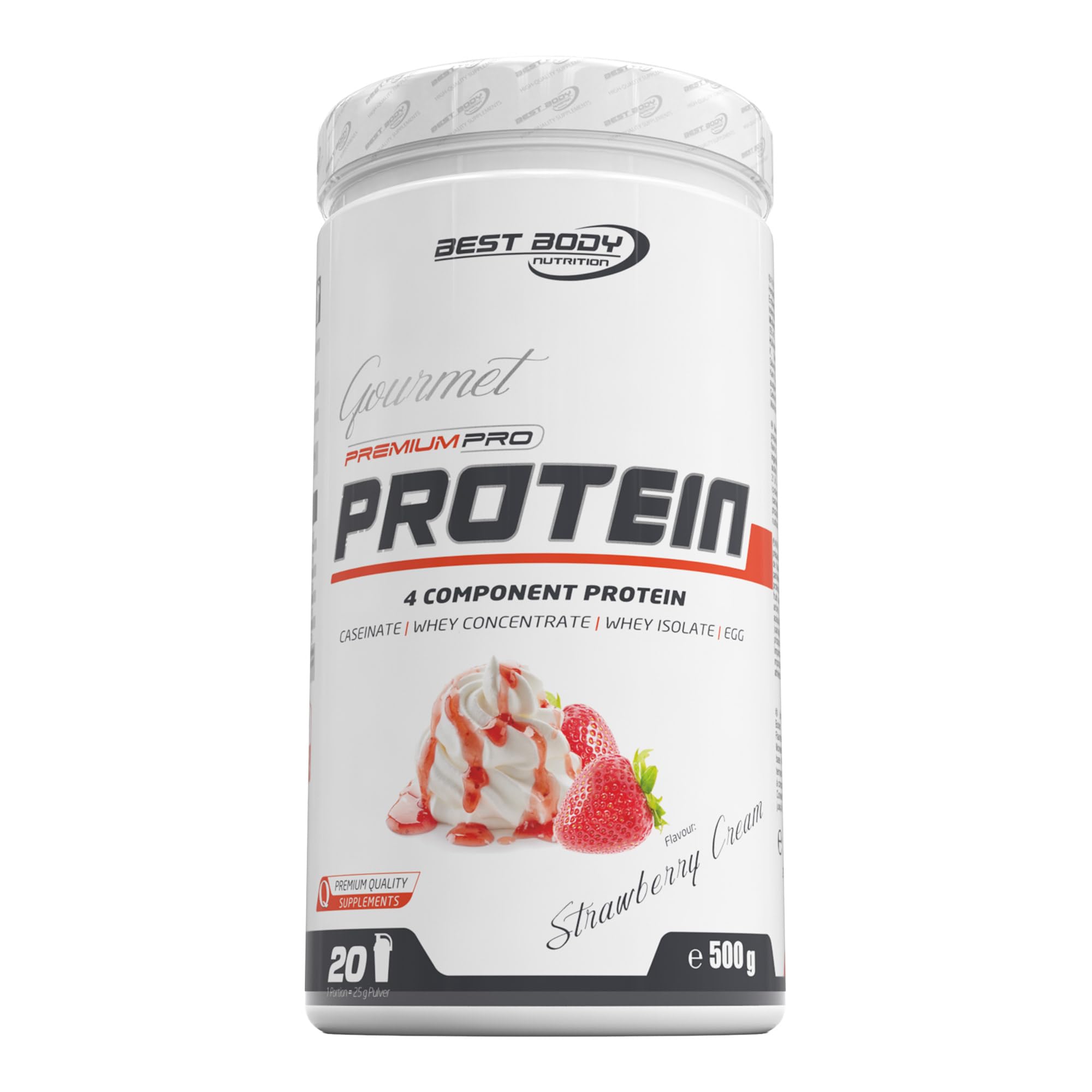 Best Body Nutrition Gourmet Premium Pro Protein, Strawberry Cream Dose, 4 Komponenten Protein Shake: Caseinat, Whey Konzentrat, Whey Isolat, Eiprotein, 500 g Dose
