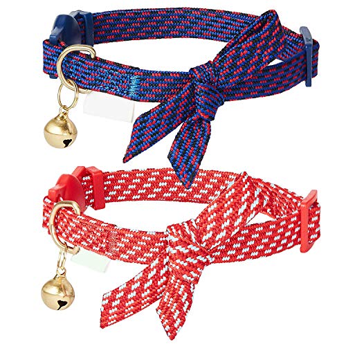 Anjing Katzen-Halsband, glatt, schlicht, schräg, gestreift, verstellbar, mit Glöckchen, 2 Stück