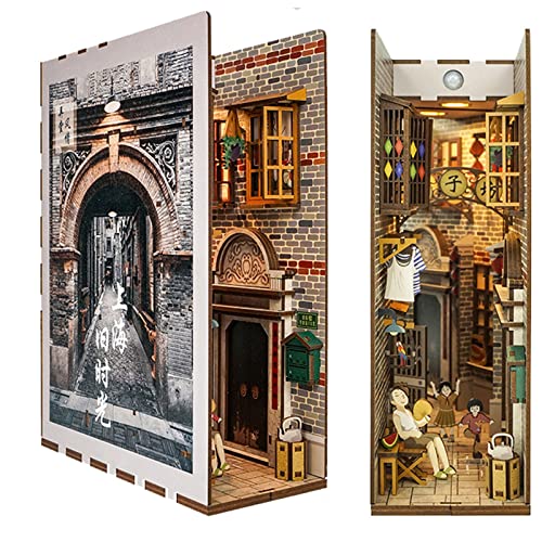 HMLOPX Wooden Book Nook Inserts Kunst Buchstützen DIY Buchstützen Modell Holzbausatz mit Induktionslicht zum Bauen Kreativität Geschenk für Jugendliche und Erwachsene (Color : Shanghai Ancient City)