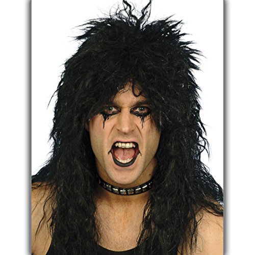 Amakando Herrenperücke schwarz Hardrocker Vokuhila Langhaarperücke Männer Herrenperücke Punker Rockstar Alice Cooper Rocker Perücke Kiss