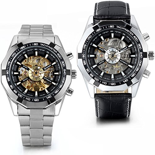 JewelryWe 2PCS Herren Armbanduhr, Analog Quarz, Fashion Business Casual Handaufzug mechanische Uhr mit Edelstahl Leder Armband, Schwarz Bezel Skelett Zifferblatt