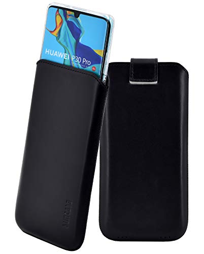 Suncase Etui Tasche kompatibel mit Huawei P30 PRO mit ZUSÄTZLICHER Hülle/Schale/Bumper/Silikon *Lasche mit Rückzugfunktion* Handytasche Ledertasche Schutzhülle Case in schwarz