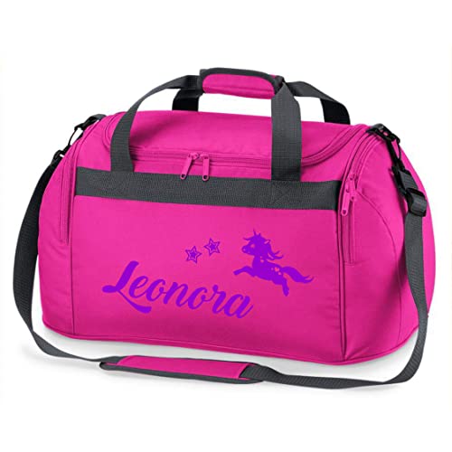 Sporttasche Mädchen mit Namen |springendes Einhorn und Sterne | Personalisierbare und Bedruckte Reisetasche Duffle Weekender Bag (pink)