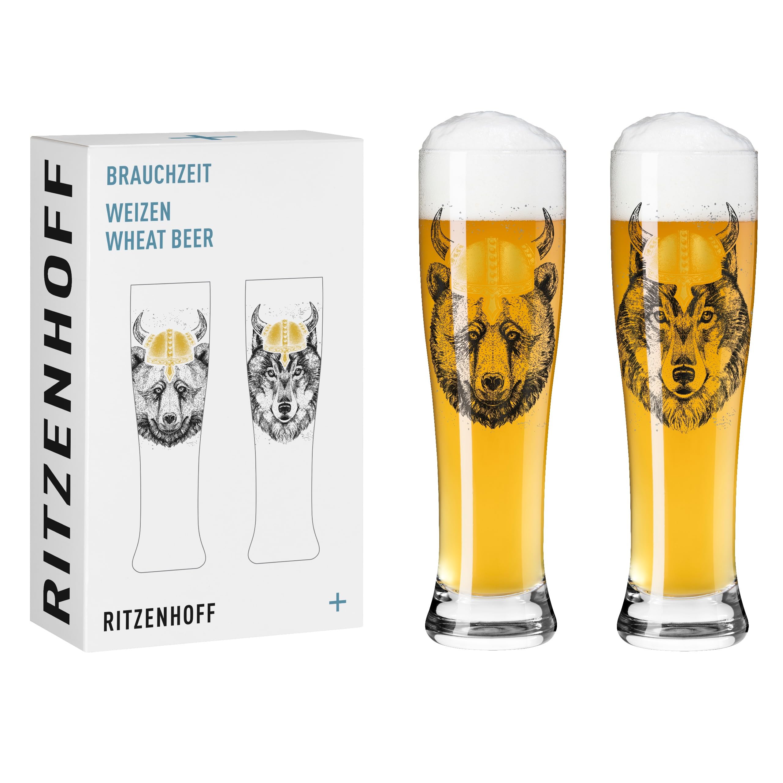 RITZENHOFF 3481008 Weizenbierglas 500 ml - 2er Set - Serie Brauchzeit - Tier Motiv, Gold und Schwarz - Made in Germany