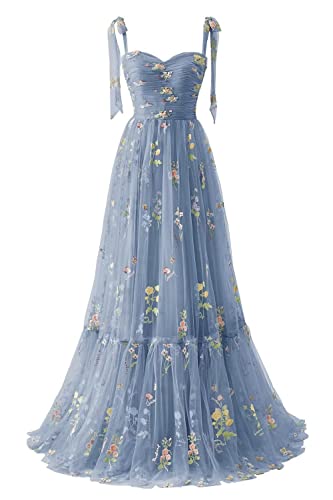 Frauen Blumen Stickerei Abendkleider Abschlussball Kleider Spaghetti Träger Brautjungfernkleid A Line Formal Party Kleid(A-Dusty Blau,44)