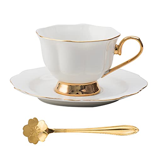 Keramik Blume Tee Gold Tasse Nachmittag Tee Set Red Tee Tasse Kaffeetasse Untertasse Frühstück Milch Tasse Home Office (White 01)