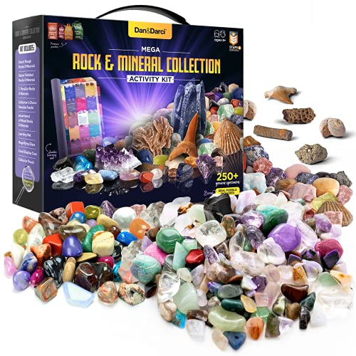 Dan&Darci Mega Rock, Fossil & Mineral Collection & Activity Kit – über 250 echte Exemplare – mit Jumbo-Lernmatte – raue, polierte Edelsteine, Fossilien, Mineralien – tolles Geschenk für Kinder