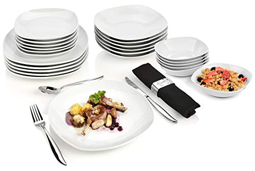 SÄNGER | Tafelservice Bilgola weiß, 24-teiliges Geschirrset aus Porzellan für 6 Personen, Teller Set Eckig, Speiseteller