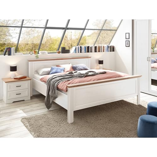 Lomadox Schlafzimmermöbel Set 3-teilig mit Bett 180x200cm, 2X Nachttisch in Pinie weiß mit Eiche Landhaus
