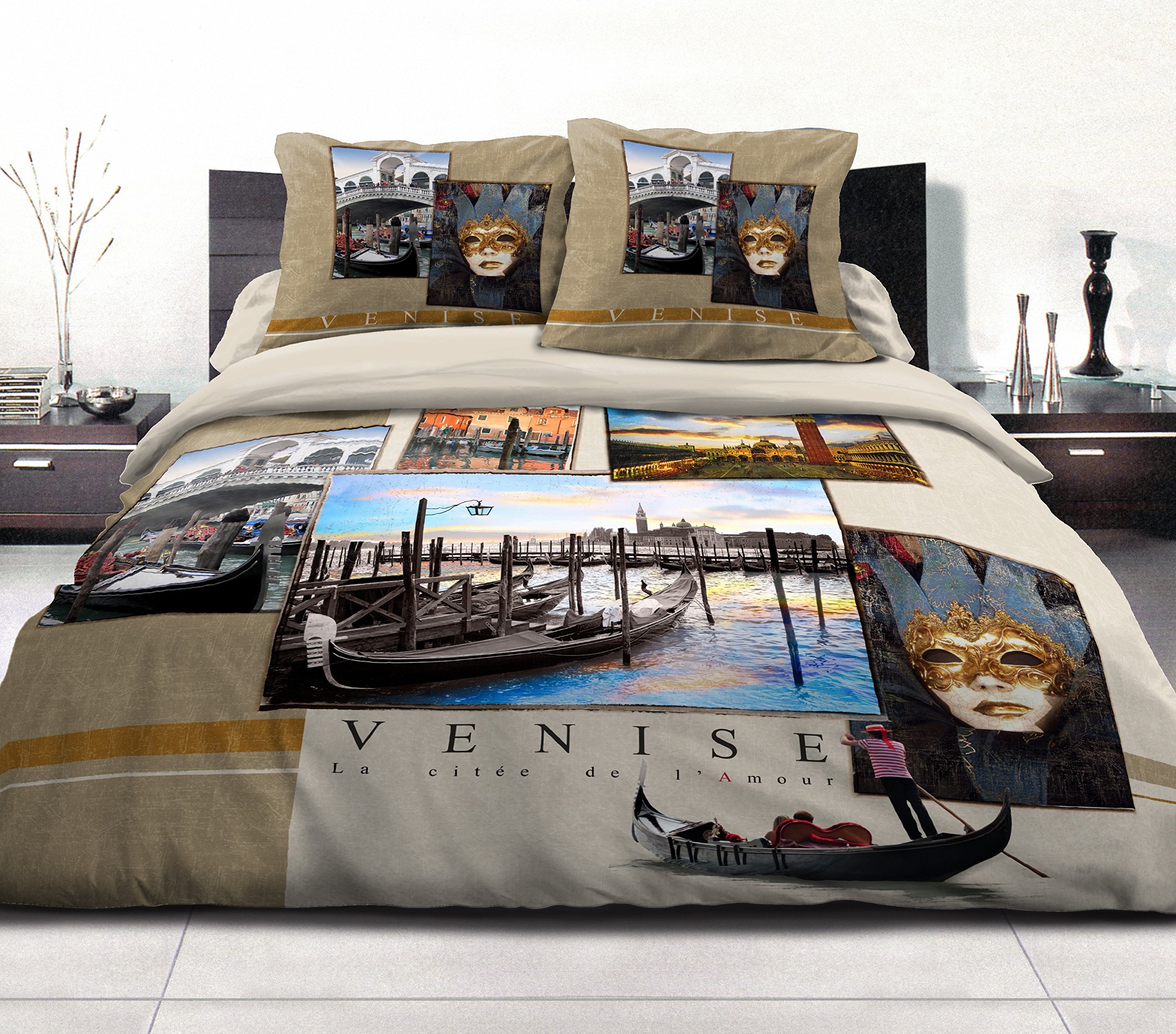 Home Passion Bettbezug – 3-teilig | 100% Baumwolle – 57 Fäden | Doppelbett – 220 x 240 cm Sand Bettwäsche Dream in Venedig, Venise Zobel, 220x240 cm, 3