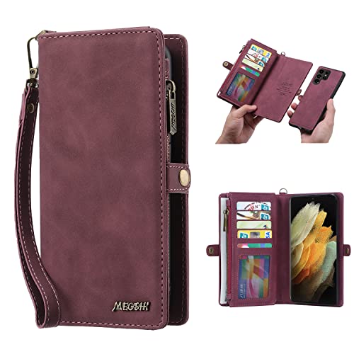 Simicoo Samsung S23 Wallet case, Samsung S23 Flip Leather case Card Slots Holder Zipper Purse Detachable Magnetic Cover Hand Strap Cash Pocket Pouch Wallet for Woman Man (Rot)