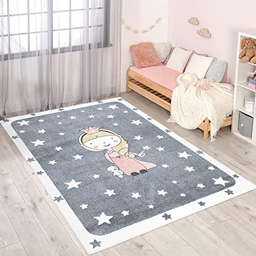 carpet city Teppich Kinderzimmer Prinzessin - Grau, Rosa - 140x200 cm - Kinderteppich Kurzflor mit Sternen, Zauberfee - Weicher Flor