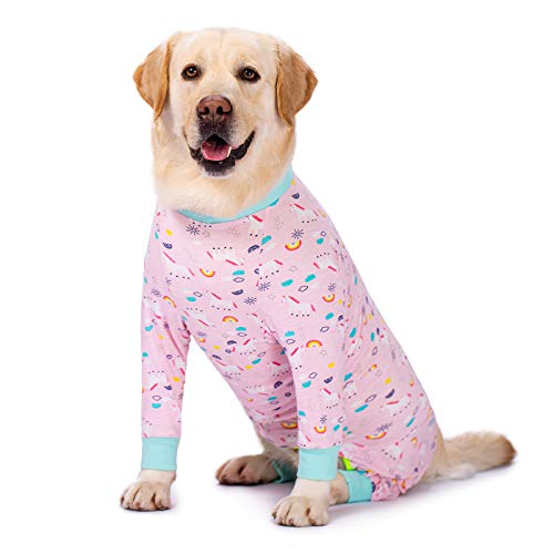 Hunde-Pyjama, Jumpsuit für mittelgroße und große Hunde, leicht, Einteiler, Shirt für große Hunde nach Operationen, voller Bauch (76 cm Brustumfang, 75 cm Rückenlänge, 50 cm), Rosa Regenbogen