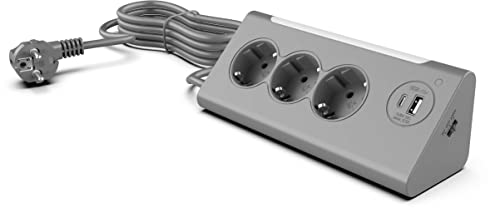 Northpoint 3-Fach Ecksteckdosenleiste mit Nachtlicht Funktion und Dämmerungssensor USB & USB-C Ausang 140cm Kabel (Grau)
