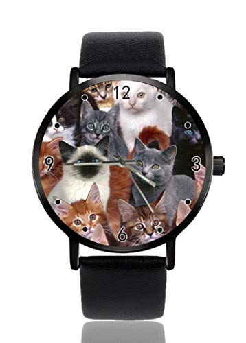 Armbanduhr für Damen und Herren, personalisierbar, leger, schwarzes Lederband, Unisex Mehrere verschiedene Katzen