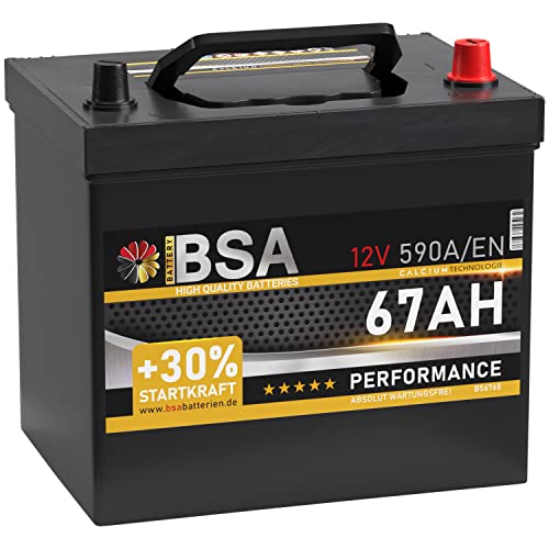 BSA ASIA Autobatterie 67Ah 12V 590A/EN ASIA Batterie Plus-Pol Rechts 30% mehr Startleistung ersetzt 60Ah 65Ah