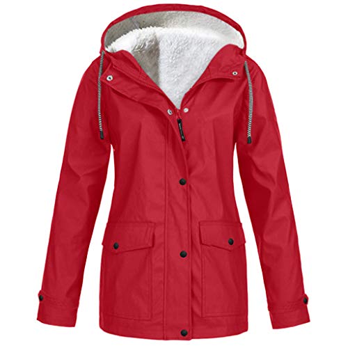 MMOOVV Winterjacke Damen Winter Jacke Solide Plüsch Verdickung Jacke Outdoor Plus Size Kapuzen Regenmantel Winddicht (Rot M)