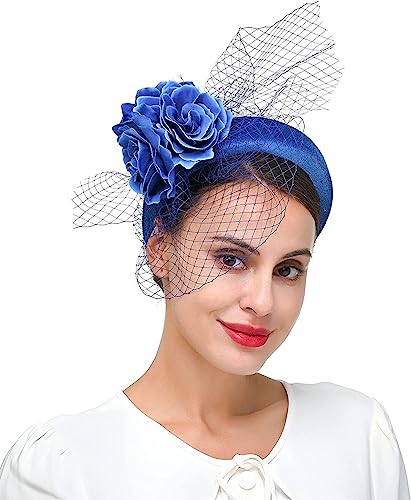 Vintage elegante Fascinators Stirnband Tea Party Hüte for Frauen königliche Hochzeit Schleier Blume Fascinators Haarschmuck Hochzeiten Haarband Mode-Stirnbänder (Color : Roayal blue)