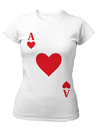 clothinx Damen Slim T-Shirt Herz Ass Karneval, Fasching Spielkarten Kostüm Weiß Größe XL