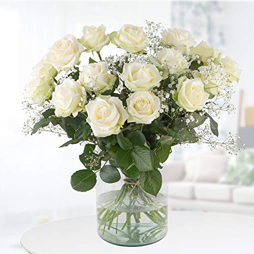 Weiße Rosen mit Schleierkraut - Premium-Rosen (60cm) mit 7-Tage-Frischegarantie , von Hand gebunden