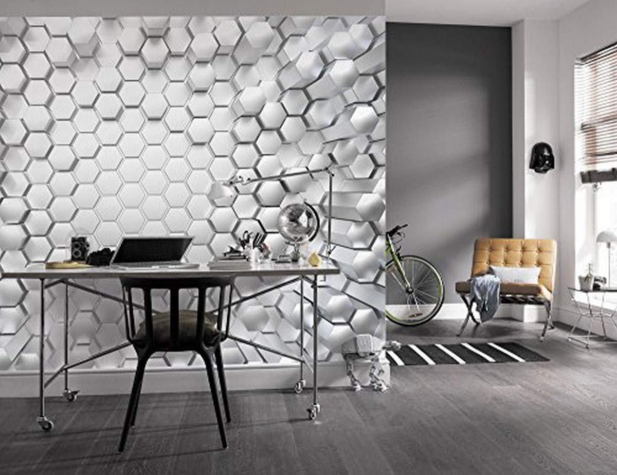 Komar Fototapete TITANIUM | 368 x 254 cm | Tapete, Wand Dekoration, 3D, Waben, Metall, Hexagon, Figur, Design, Schlafzimmer, Wohnzimmer | 8-206