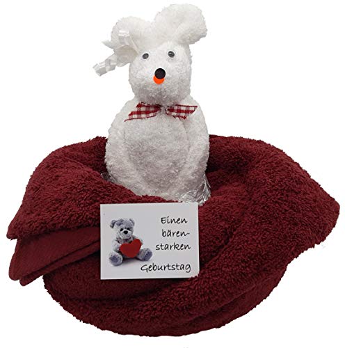Frotteebox Geschenk Set Bär weiß in Handarbeit geformt aus Handtuch Bordeaux-rot und Wachhandschuh weiß für einen bärenstarken Geburtstag