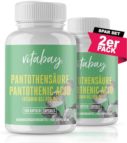 Vitabay Pantothensäure 500 mg • 400 vegane Kapseln (2er Set) • Pantothenic Acid (Vitamin B5) • Hochdosiert • Magensaftresistent • Rein biologisch • Made in Germany