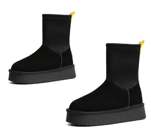 ROSSOM Mini Boots for Women | Women's Platform Mini Boots | Mid-Calf Zipper Booties | Slip on Snow Boots | Non Slip Cowhide Warm Ankle Booties (37EU,Black)