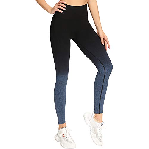 Leoyee Damen nahtlose Fitness Leggings High Taille Yoga Hose Sport Strumpfhosen Leggings (Dunkelblau/Schwarz, Large)