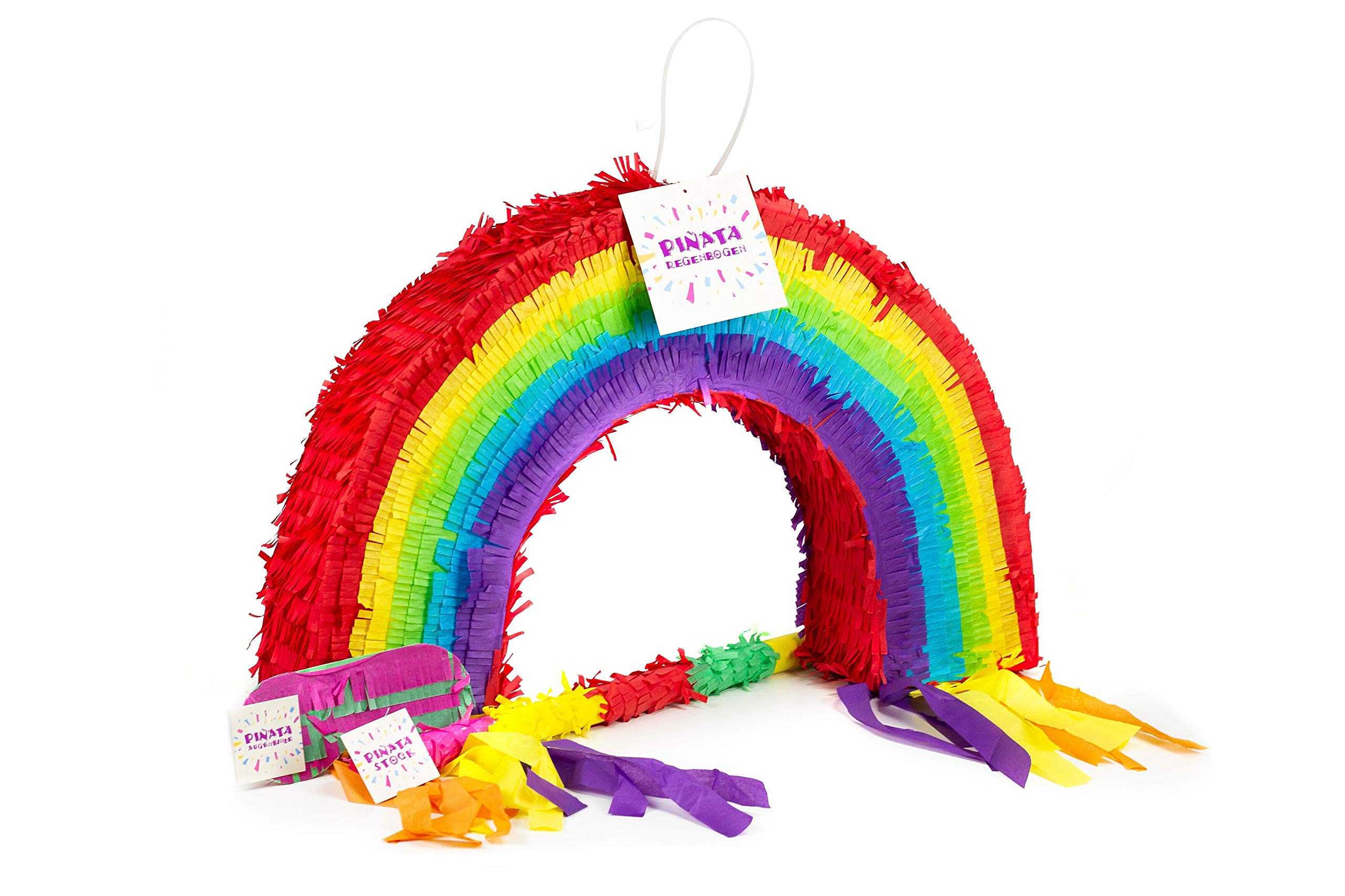 Trendario Regenbogen Pinata Set, Pinjatta + Stab + Augenmaske, Ideal zum Befüllen mit Süßigkeiten und Geschenken - Piñata Regenbogen für Kindergeburtstag Spiel, Geschenkidee, Party, Hochzeit