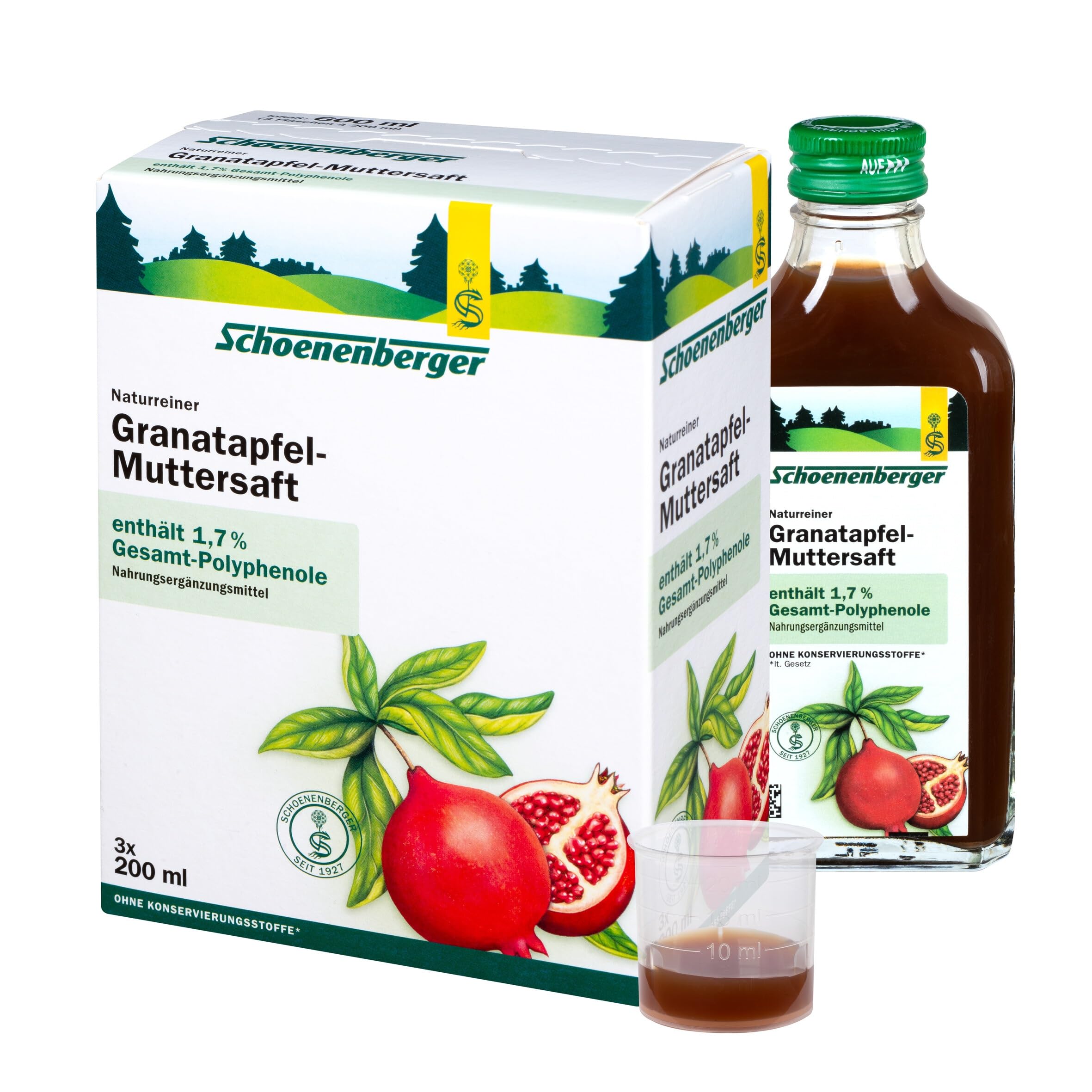 Schoenenberger - Granatapfel-Muttersaft - 3x 200 ml (600 ml) Glasflaschen - naturrein - Nahrungsergänzungsmittel - enthält 1,7 prozent Gesamt-Polyphenole - bio