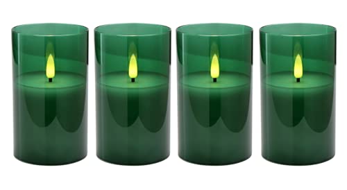 Hochwertige LED Adventskerzen im Glas - 4er Kerzenset / Sparset - Timer - Realistisch Flackernd - Kerze Weihnachten / Weihnachtskerzen / Adventskranz (Grün, Mittel - Höhe 12,5cm / Ø 7,5cm)