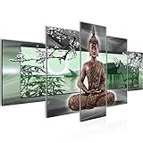 Bilder Buddha Feng Shui Wandbild Vlies - Leinwand Bild XXL Format Wandbilder Wohnzimmer Wohnung Deko Kunstdrucke Grün 5 Teilig - MADE IN GERMANY - Fertig zum Aufhängen 503253b