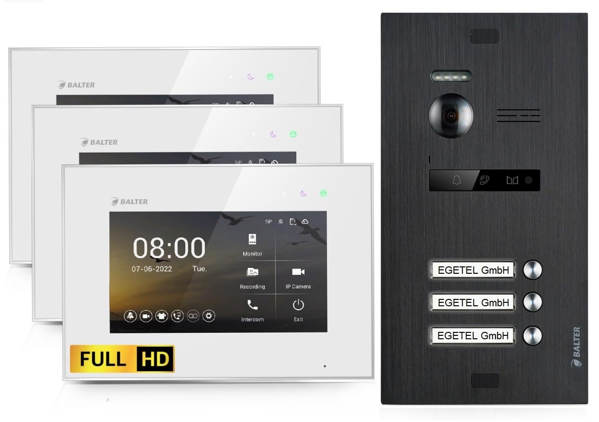 BALTER EVO HD Video Türsprechanlage Black für 3 Familienhaus Kit, 3x Monitor 7"