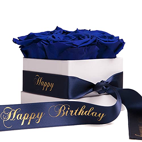 Happy Birthday Geschenk weiße Rosenbox mit konservierten Rosen lang haltbar 3 Jahre - Geburtstagsgeschenk für Frauen (Happy Birthday, Weiß-Blau)