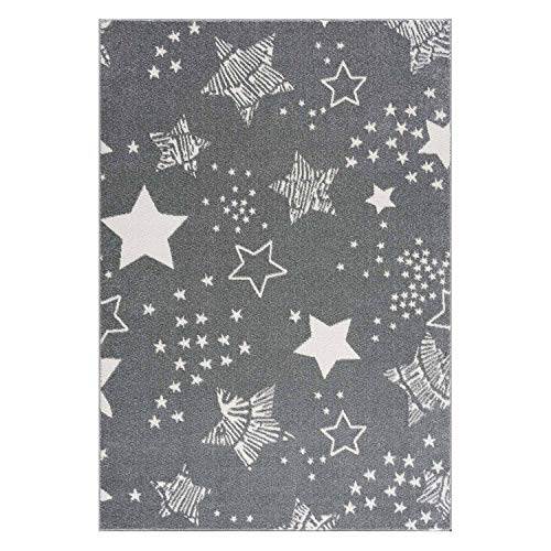 payé Teppich Kinderzimmer - Grau - 80x150cm - Spielteppich mit Sternenhimmel Kurzflor Kinderteppich - Oeko-Tex Standard 100