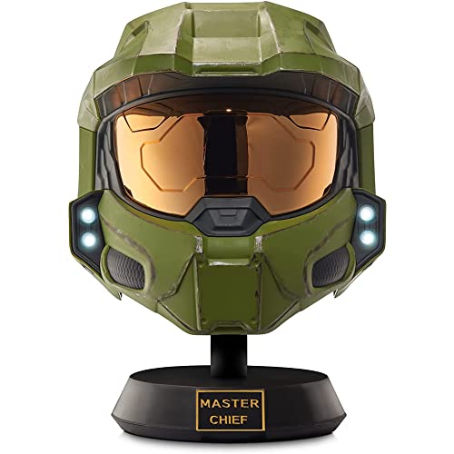 Halo Master Chief Deluxe Helm mit Ständer – LED-Leuchten auf jeder Seite – Kampf beschädigte Farbe – Einheitsgröße – bauen Sie Ihr Universum auf